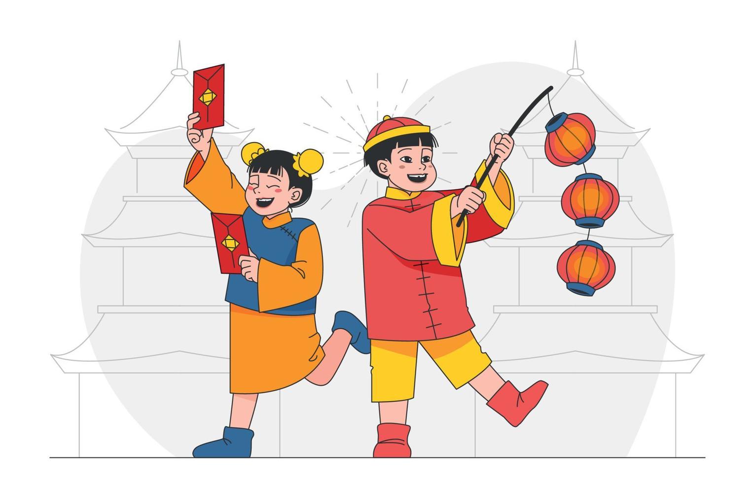 enfants heureux célébrant le nouvel an chinois vecteur