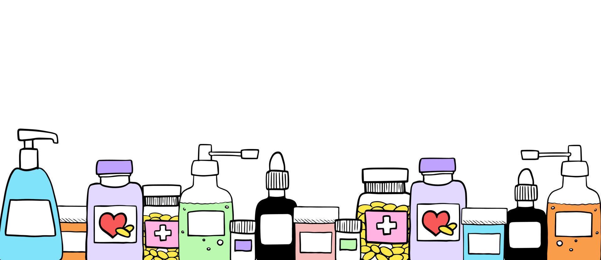 fond avec des symboles de pharmacie et de médecine. éléments de premiers secours. illustration vectorielle de style doodle dessinés à la main vecteur