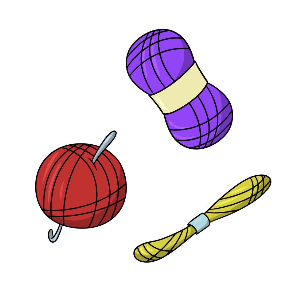 un ensemble d'icônes colorées, une boule rouge vif de fil à tricoter avec un crochet en métal, fil lilas, illustration vectorielle en style cartoon vecteur