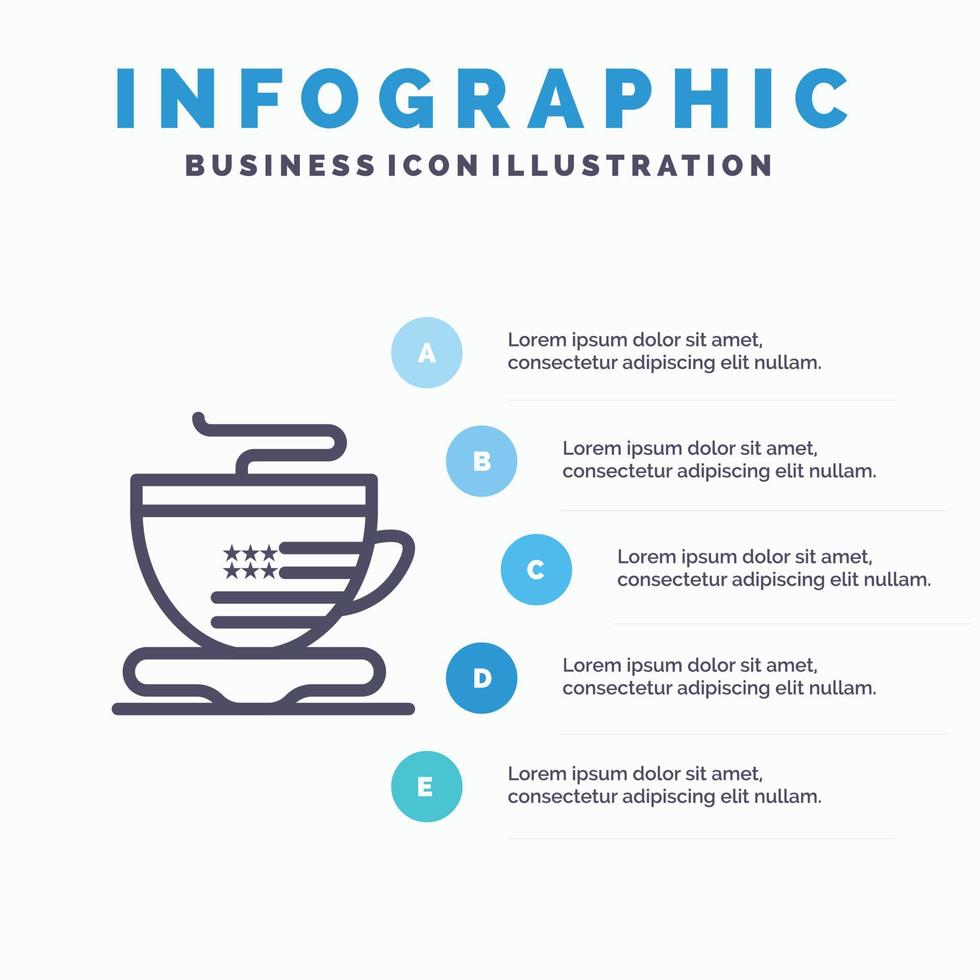 tasse de thé café usa ligne icône avec 5 étapes présentation infographie fond vecteur