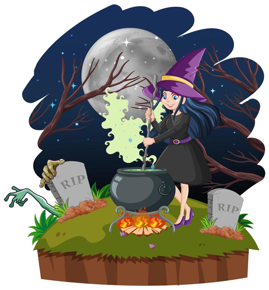 sorcière avec dessin animé pot magique noir vecteur