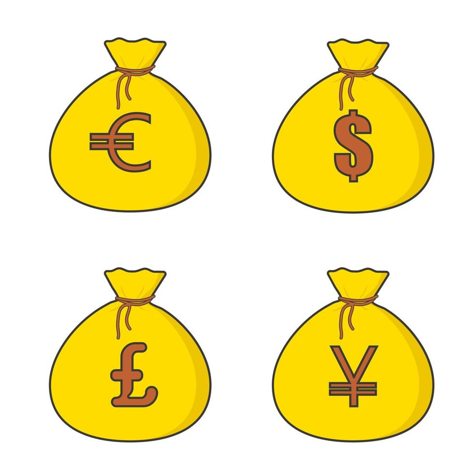 ensemble de sac d'argent jaune avec dollar d'or, euro, yen, livre. image vectorielle, isolée sur fond blanc vecteur