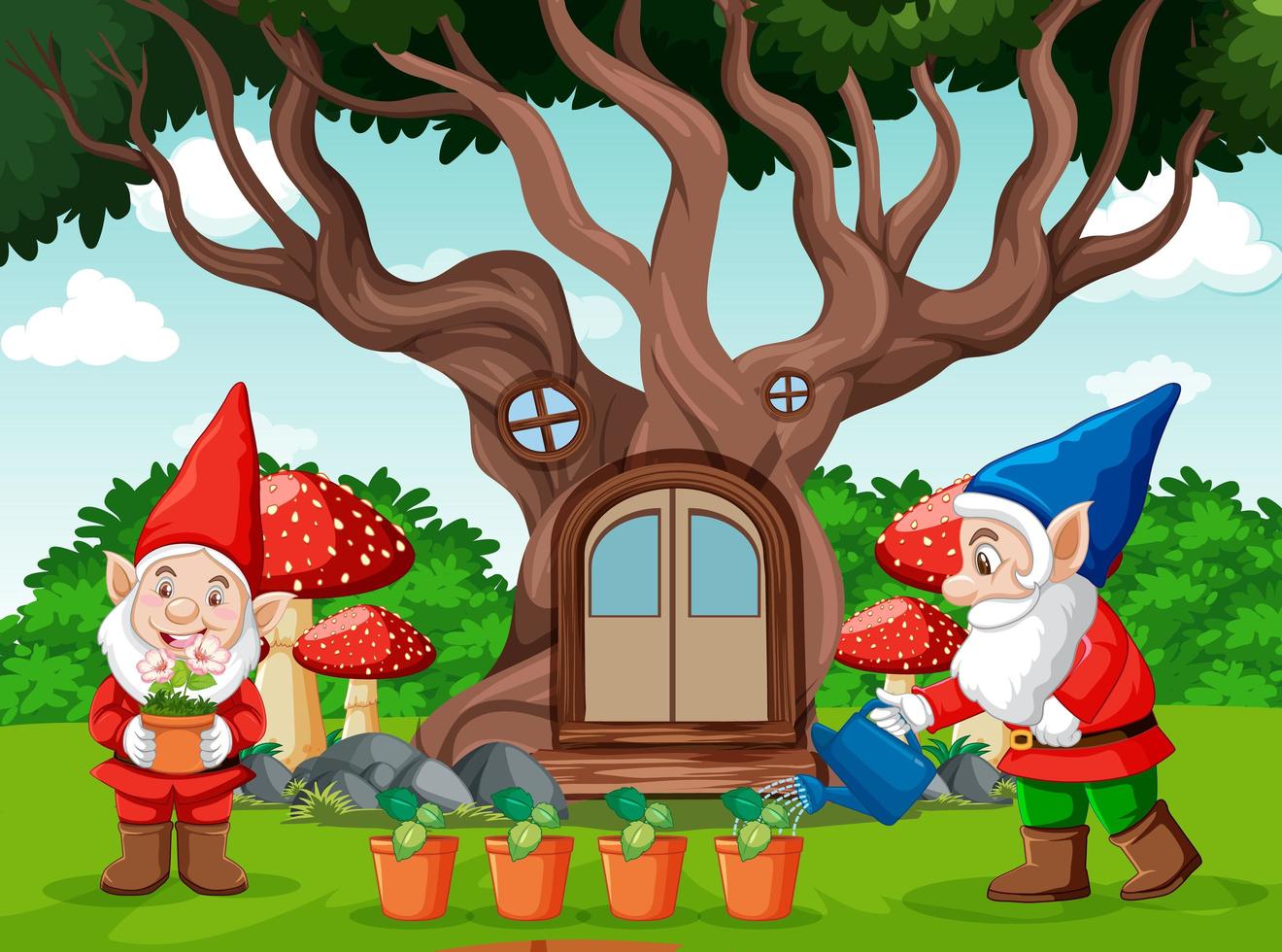 gnomes et style de dessin animé de maison dans les arbres vecteur