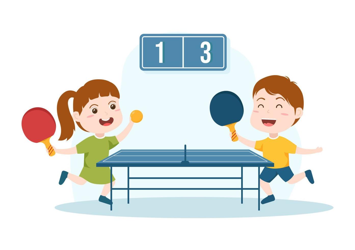 enfants mignons jouant au tennis de table avec raquette et balle de match de jeu de ping-pong dans l'illustration de modèles dessinés à la main de dessin animé plat vecteur