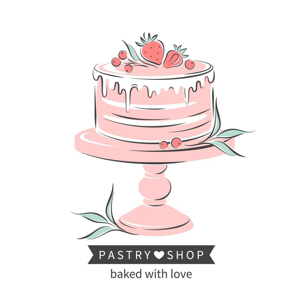 gâteau et baies sur piédestal. logo de la pâtisserie. illustration vectorielle pour menu, livre de recettes, boulangerie, café, restaurant. vecteur
