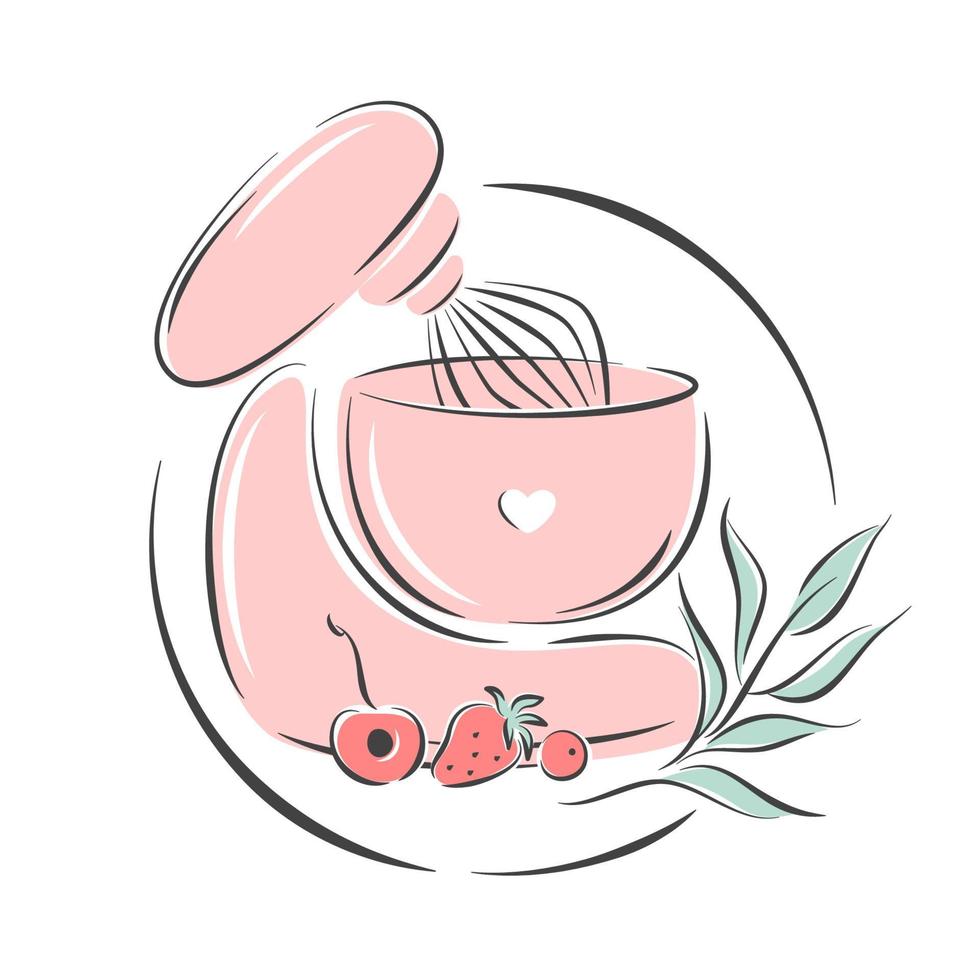 logo de la pâtisserie. mélangeur de pâte stationnaire planétaire et différentes baies et plantes. illustration vectorielle sur fond blanc vecteur