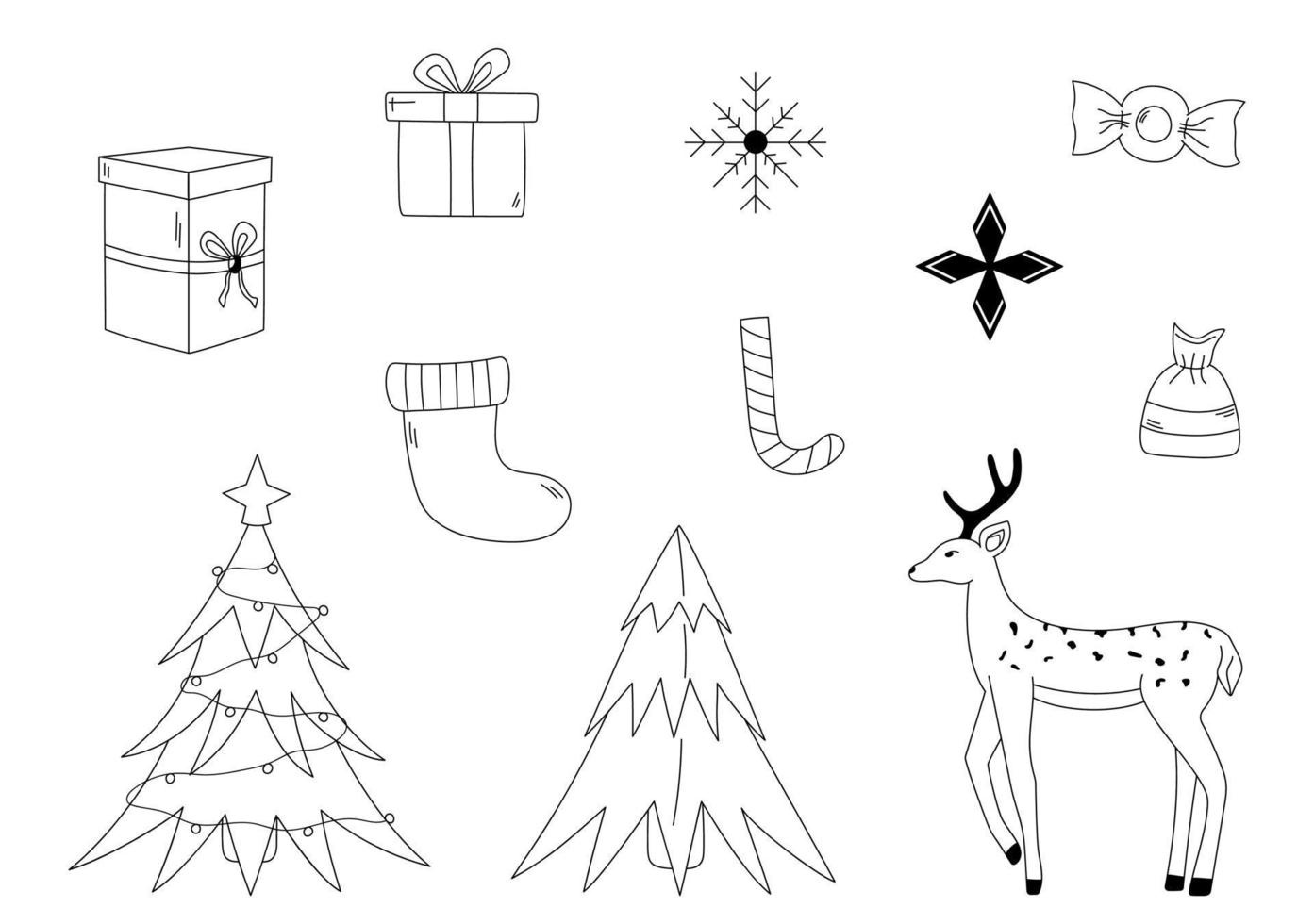 collection de doodles de contour de noël. ensemble d'arbres de noël dessinés à la main, cerfs, cadeaux, bonbons, flocons de neige. illustration vectorielle de nouvel an vecteur