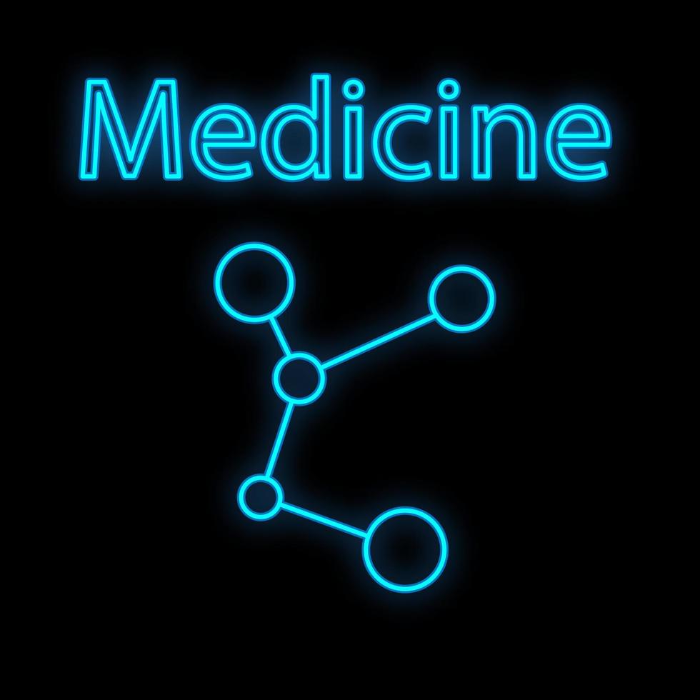 enseigne au néon numérique scientifique médical médical bleu lumineux lumineux pour un magasin de pharmacie ou un laboratoire hospitalier. une belle molécule brillante sur fond noir. illustration vectorielle vecteur