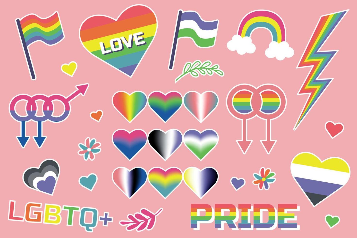 lgbtq ensemble d'icônes design de style rétro. autocollants lgbt, asexué, non binaire, transgenre, genderfluid, pansexuel, bisexuel, genderqueer, polysexuel vecteur