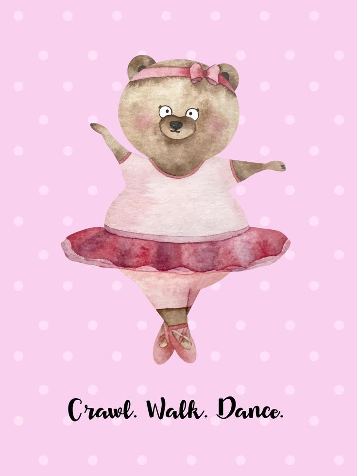 affiche aquarelle avec danseuse d'ours en vêtements rose ballet. fille drôle d'ours en rose. ours danseur. ramper marcher danse ballet ours-fille vecteur