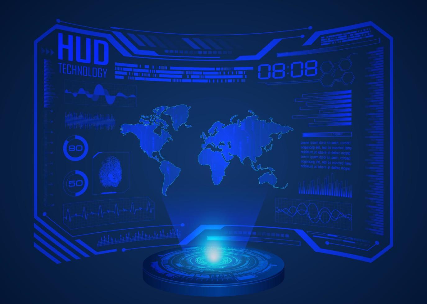 projecteur holographique de carte du monde moderne sur fond de technologie vecteur