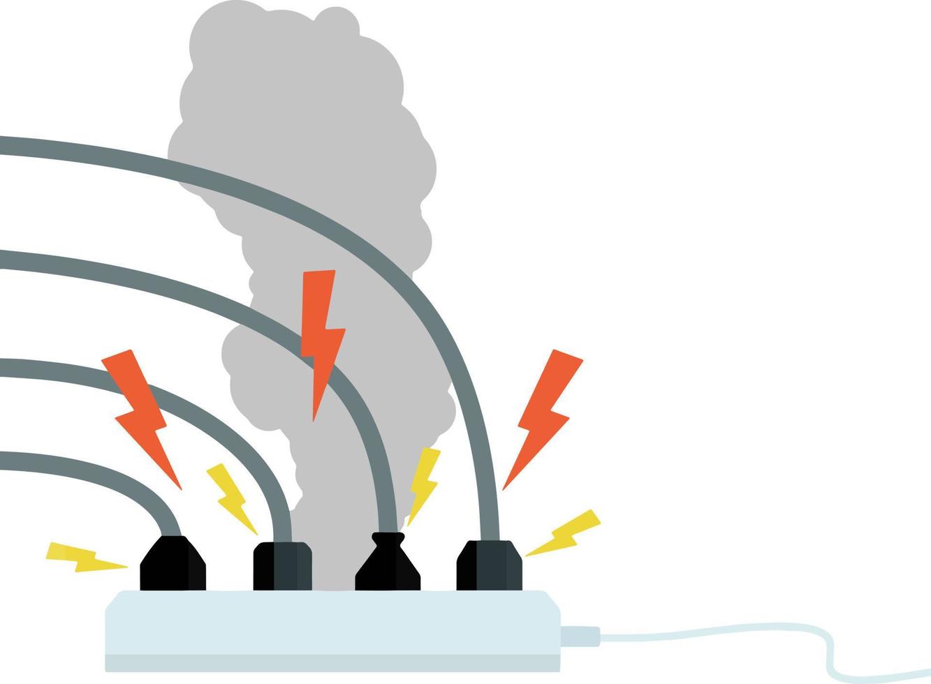 circuit électrique. choc, éclair rouge et étincelles jaunes de la prise. connecteur et fiche. surcharge du système. le problème avec l'appareil. situation d'incendie avec fumée et sécurité. vecteur