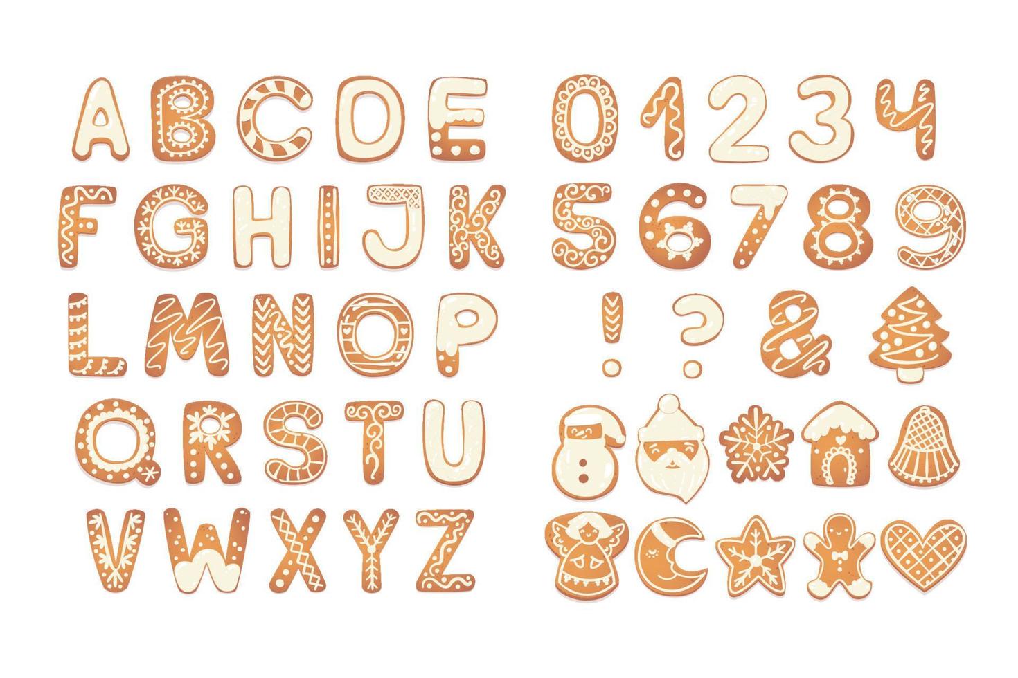 alphabet de biscuits de pain d'épice de noël avec des chiffres. lettres de biscuit, caractères pour messages de noël et design. illustration vectorielle avec des décorations. vecteur