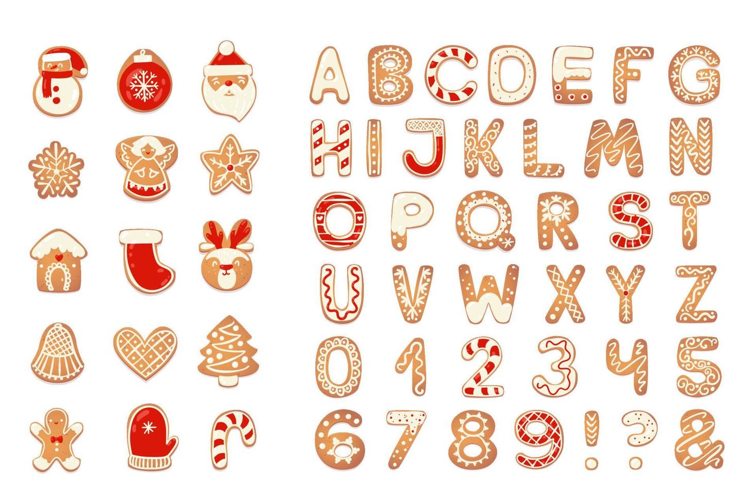 alphabet de biscuits de pain d'épice de noël avec des chiffres. lettres de biscuit, caractères pour messages de noël et design. illustration vectorielle avec des décorations. vecteur