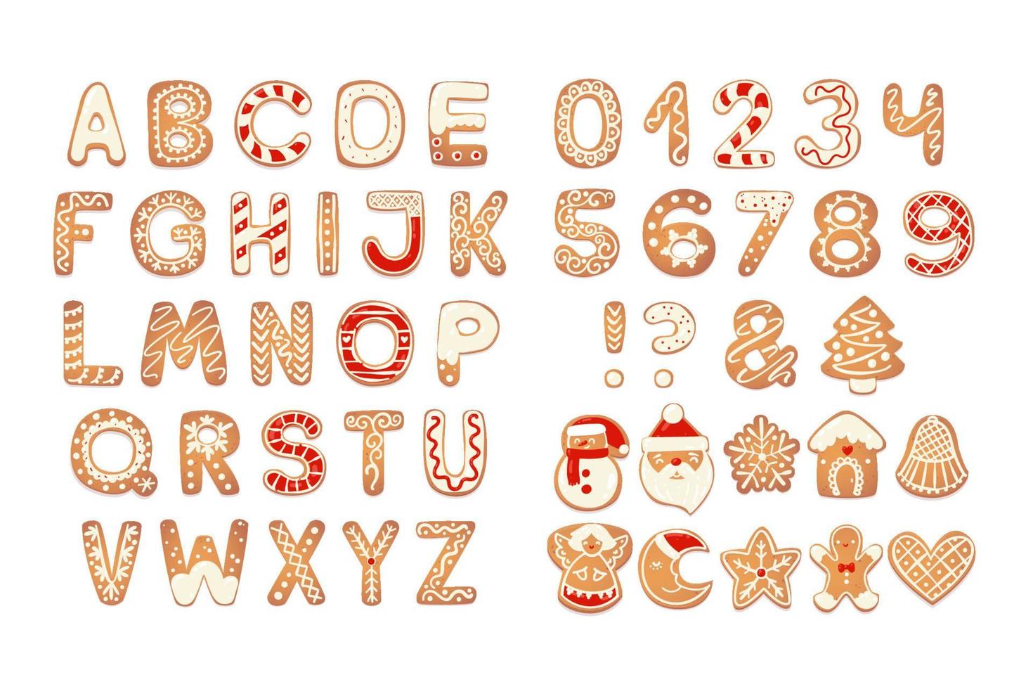 alphabet de biscuits de pain d'épice de noël avec des chiffres. lettres de biscuit, caractères pour messages de noël et design. illustration vectorielle avec des décorations. vecteur