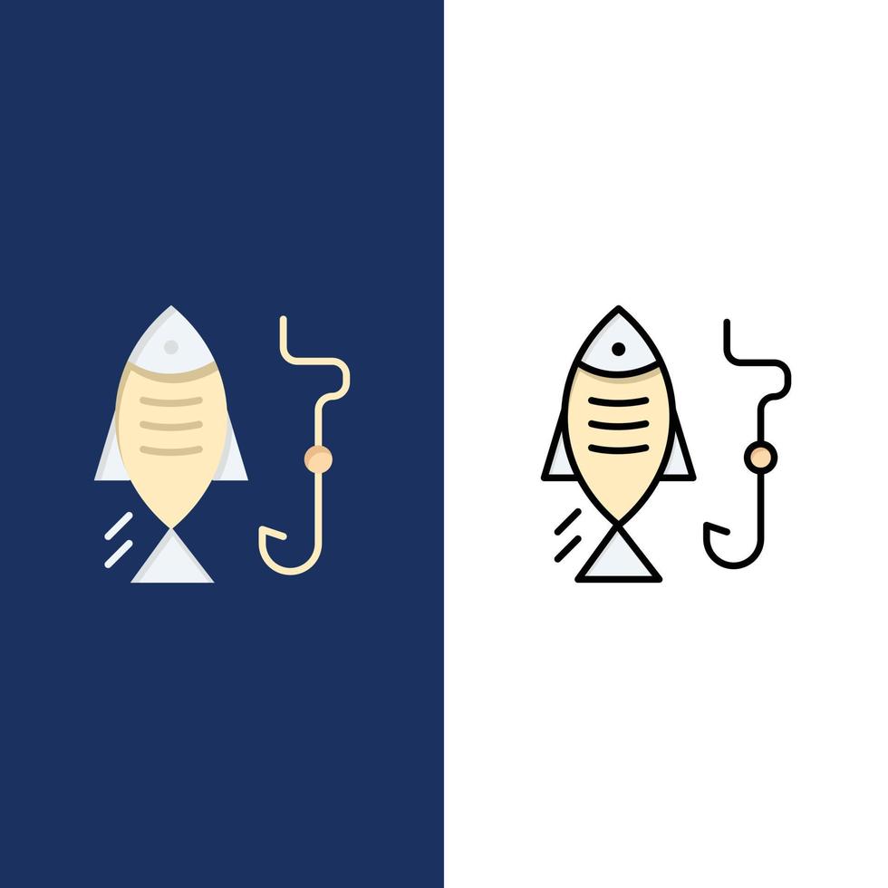 pêche hameçon chasse icônes plat et ligne remplie icône ensemble vecteur fond bleu
