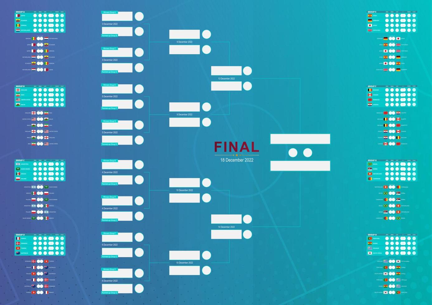 calendrier des matchs de championnat sur fond de football. drapeaux des participants au tournoi final de football. vecteur