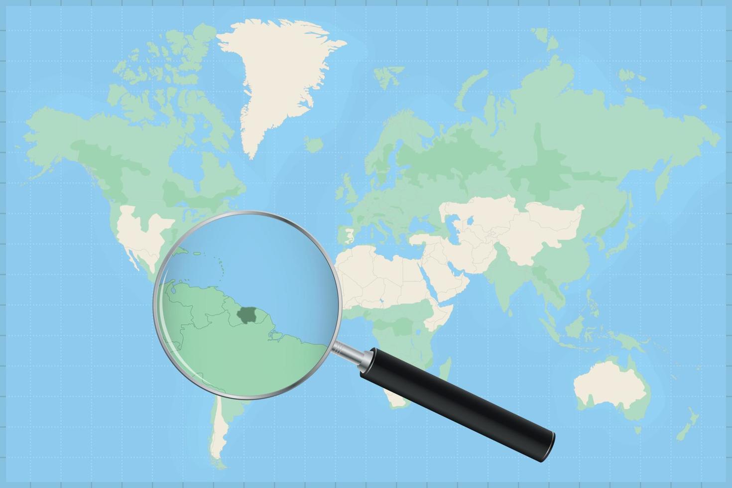 carte du monde avec une loupe sur une carte du suriname. vecteur