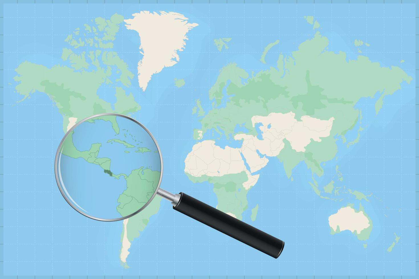 carte du monde avec une loupe sur une carte du costa rica. vecteur