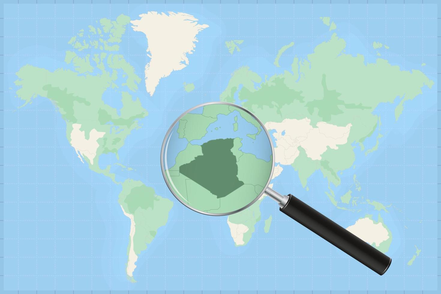 carte du monde avec une loupe sur une carte de l'algérie. vecteur