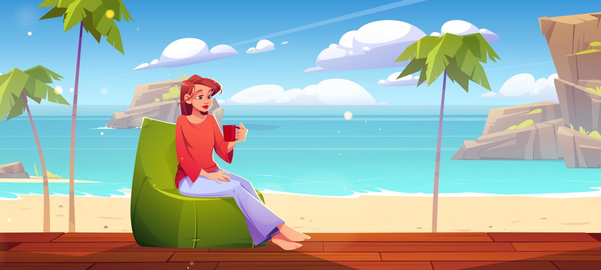 fille reste sur bungalow porche en bois sur la plage de la mer vecteur