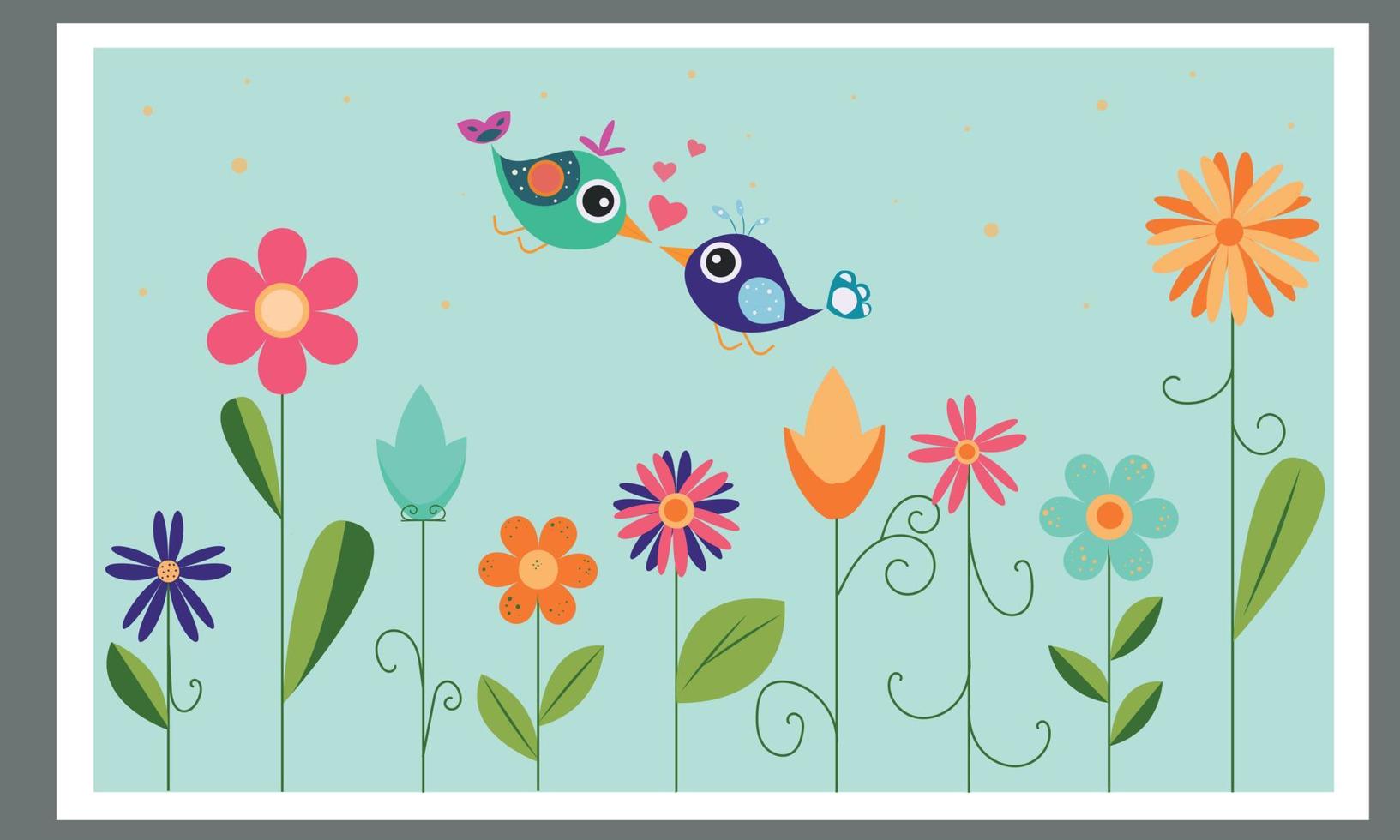 carte postale avec oiseaux et fleurs. carte postale de printemps. carte postale d'été. vecteur