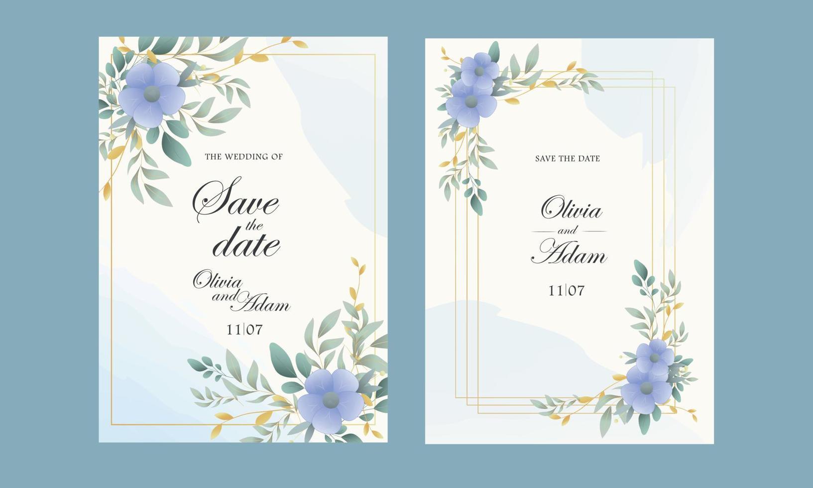 invitations de mariage bleu avec des fleurs vecteur