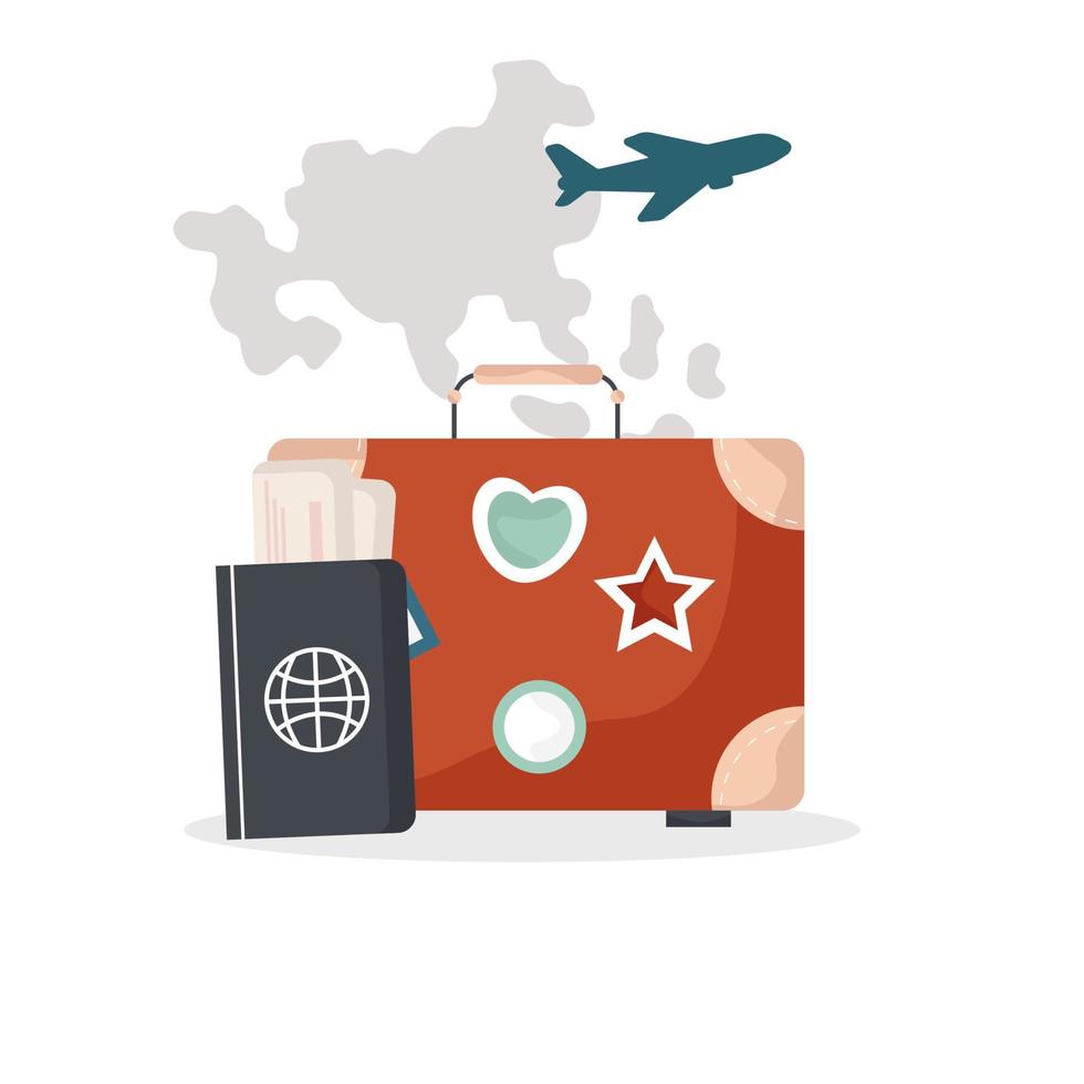 bagages de voyage avec carte et avion, passeport, billet. isolé sur fond blanc. illustration vectorielle. vecteur