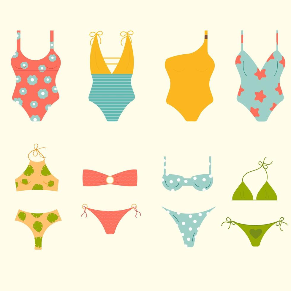 ensemble de maillots de bain différents pour femmes, isolés sur le fond. maillot de bain ou bikini vecteur