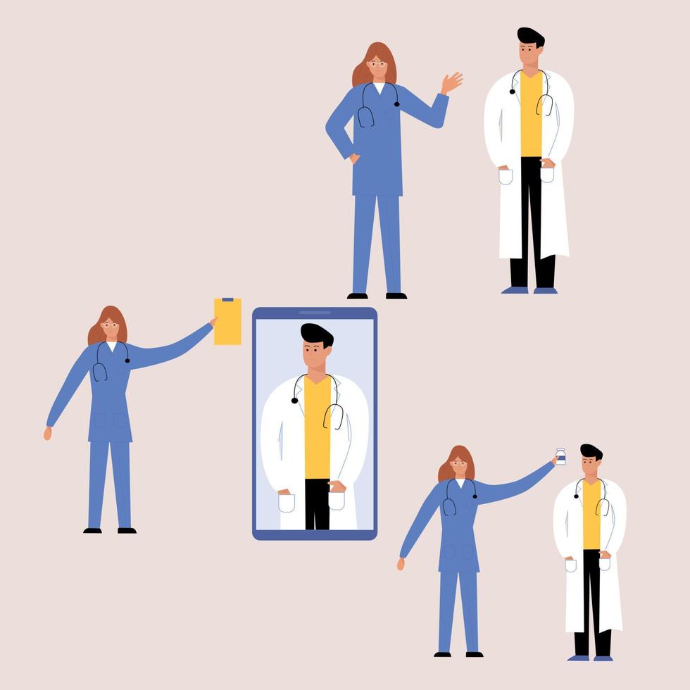 un groupe de médecins. femme et homme en médecine. infirmière et médecin. le personnel médical accueille les clients. rencontrer des clients. illustration vecteur