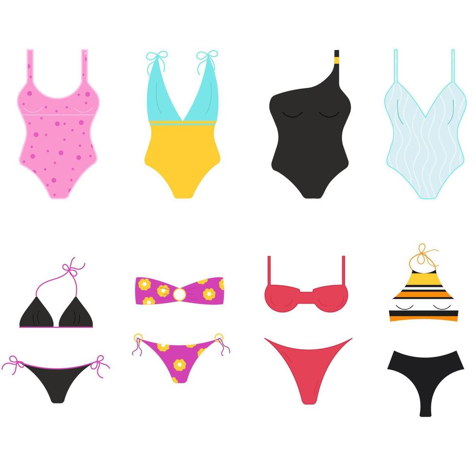 ensemble de maillots de bain pour femmes, isolés sur fond blanc. maillot de bain ou bikini. haut et bas. illustration vectorielle. vecteur