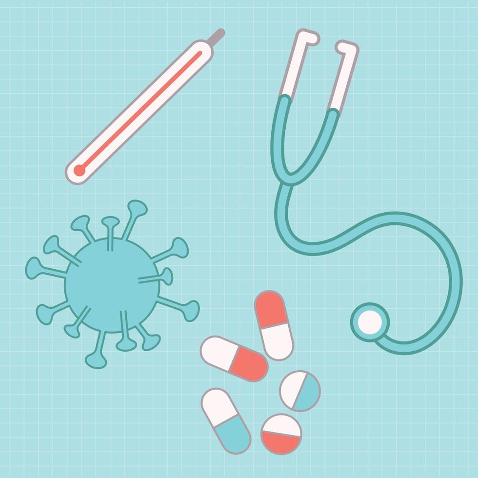 médecine, comprimés, thermomètre, virus, stéthoscope. éléments médicaux. vecteur