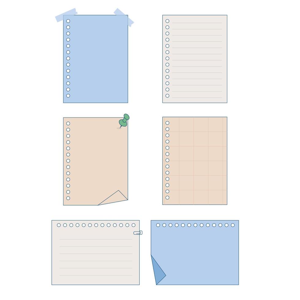 ensemble de notes de papier vierges, autocollants pour cahier avec agrafe. illustration vectorielle vecteur