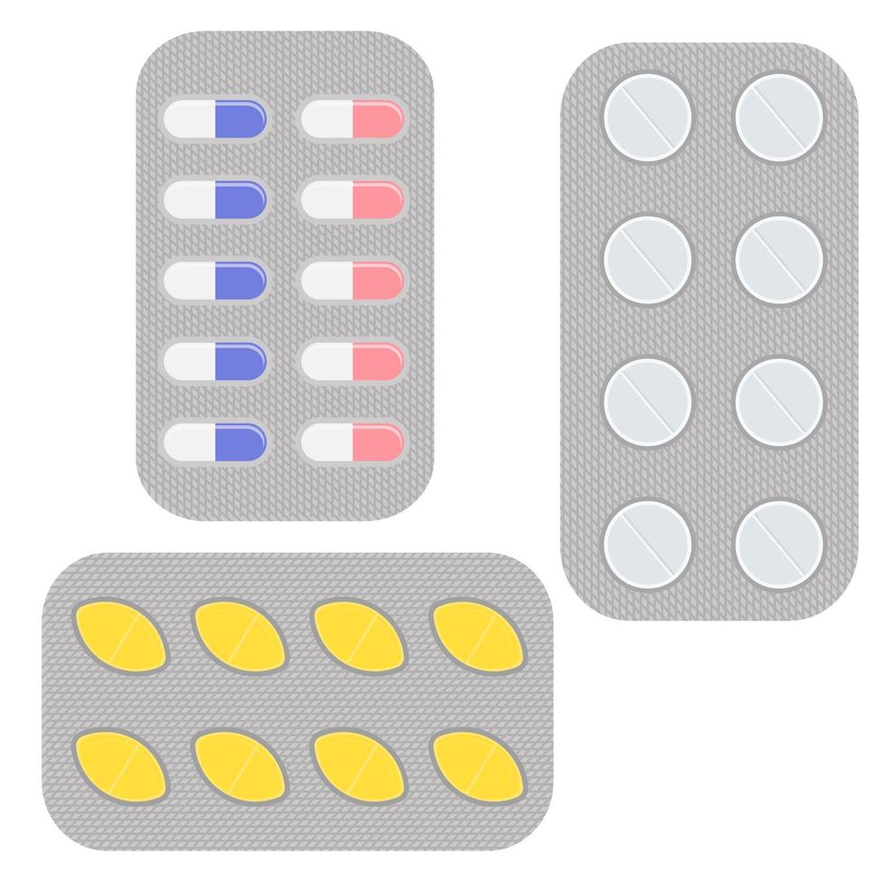 un ensemble de plaquettes thermoformées de comprimés de différentes couleurs. aspirine antibiotiques ou analgésiques vecteur