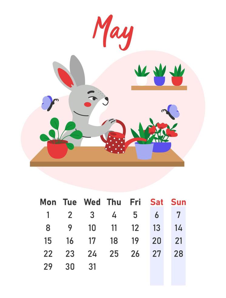 calendrier mai 2023. le lièvre arrose des pots de fleurs. illustration vectorielle plane. vecteur