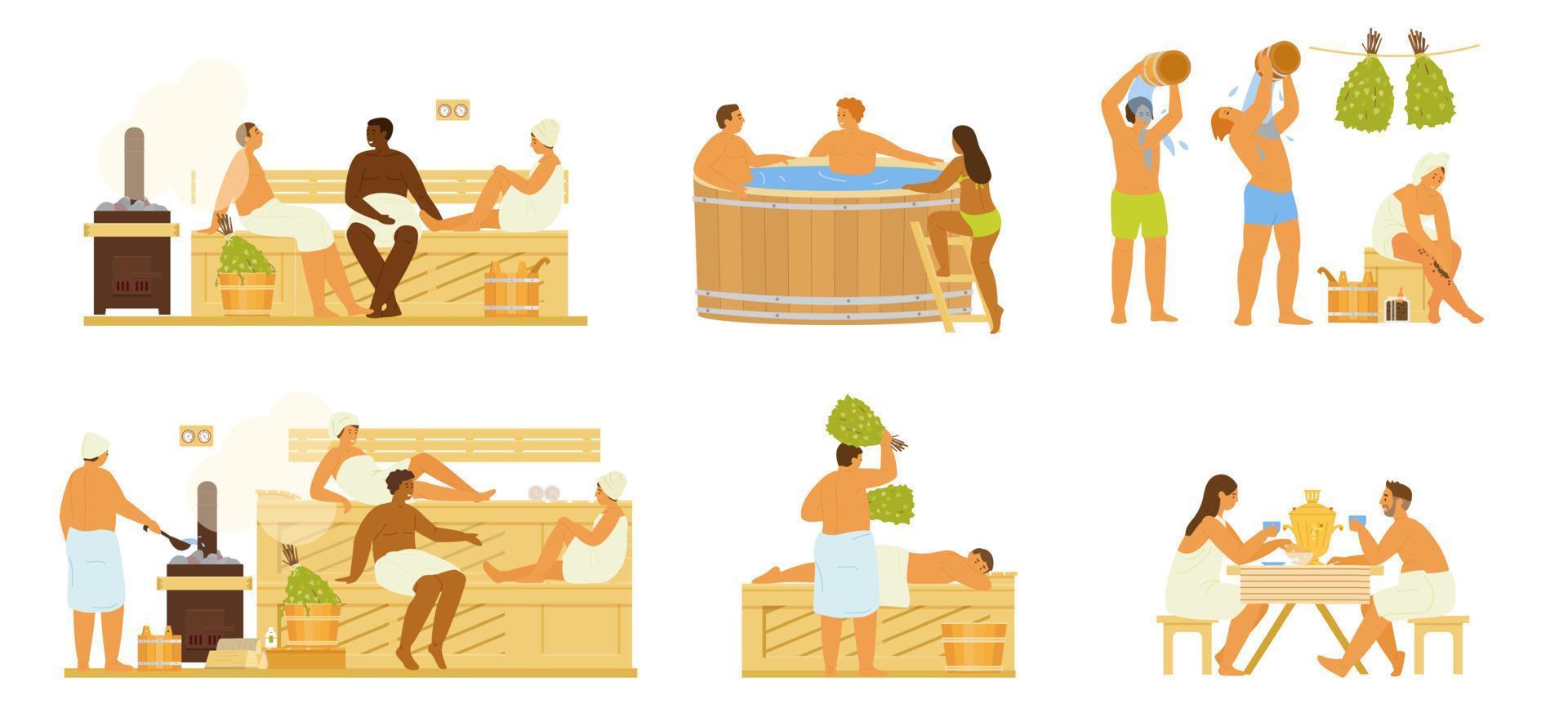 ensemble d'images vectorielles de personnes différentes dans un sauna ou un banya prenant un bain de vapeur, se lavant, arrosant d'eau, buvant du thé de samovar. activité saine. illustration plate. vecteur