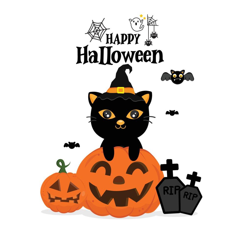 carte de voeux joyeux halloween avec chat noir dans un chapeau de sorcière. vecteur