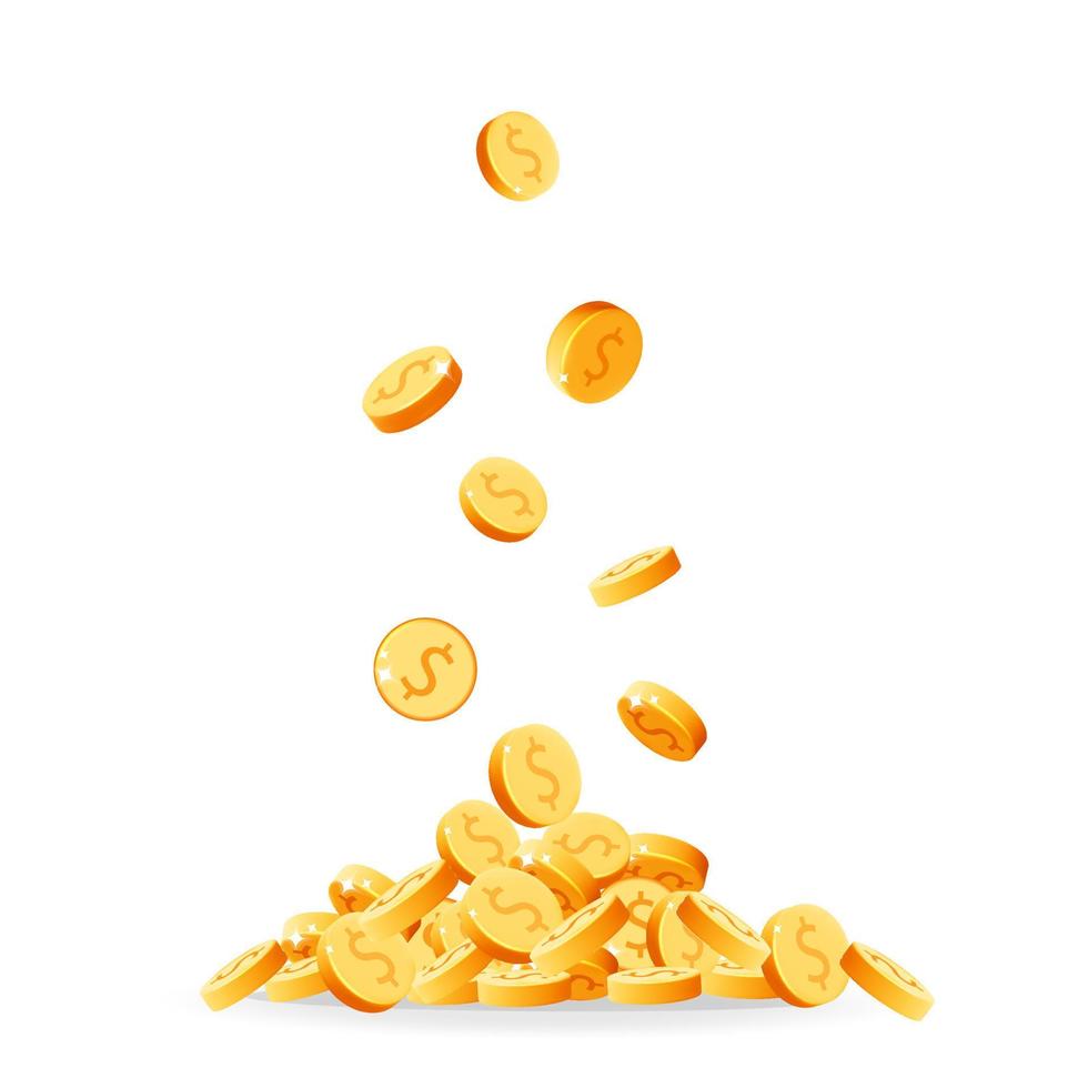 Pièces d'un dollar d'or de vecteur 3d tombant dans la pile ou la pile de conception de bannière d'argent