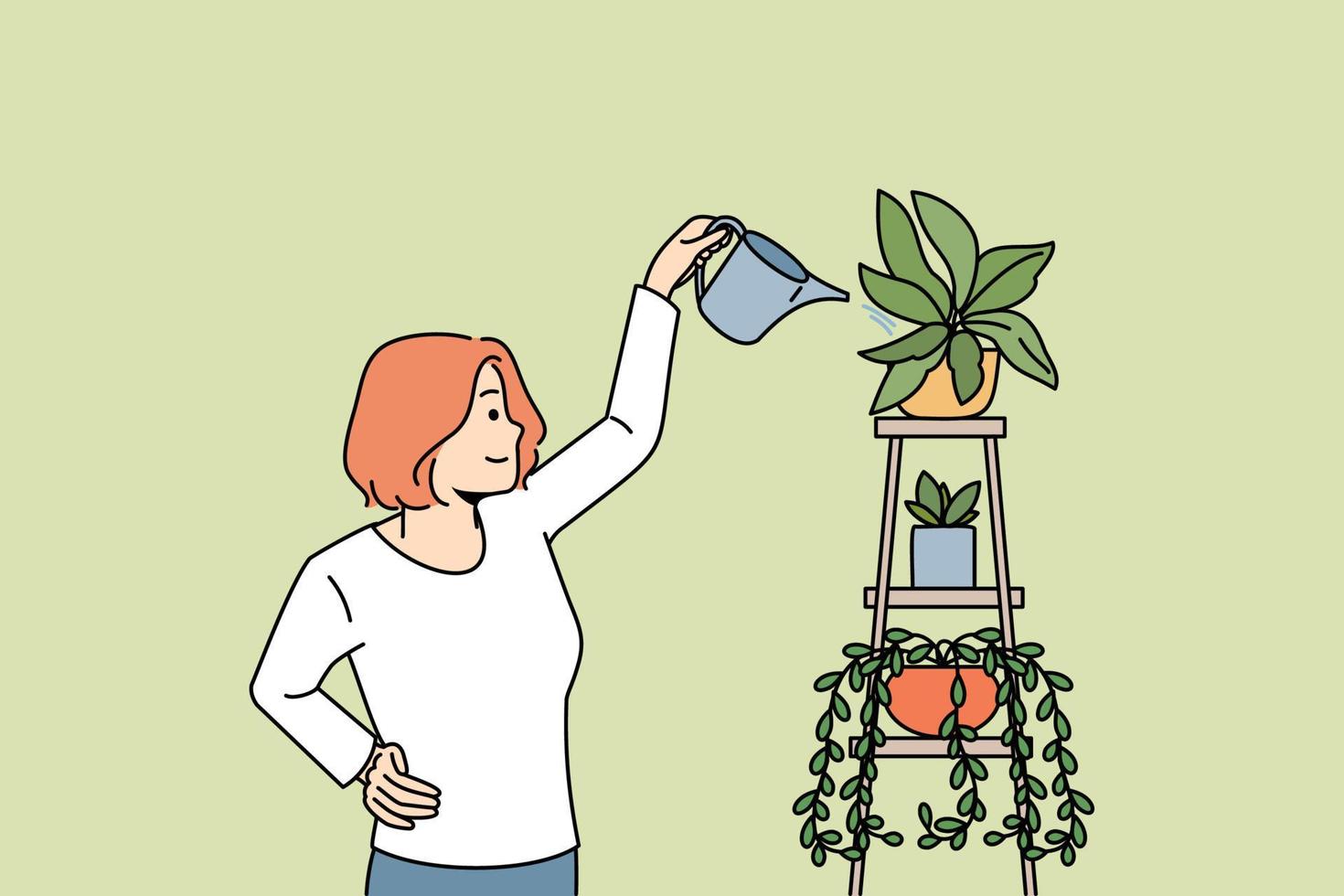 plantes d'intérieur et concept de botanique. femme souriante debout et arrosant des plantes vertes en pleine croissance avec une boîte en prenant soin de l'illustration vectorielle vecteur