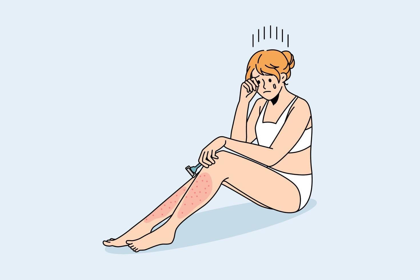 problèmes de peau après le concept de rasage. jeune femme qui pleure assise avec des jambes douloureuses rouges ayant des problèmes avec l'illustration vectorielle de rasage vecteur