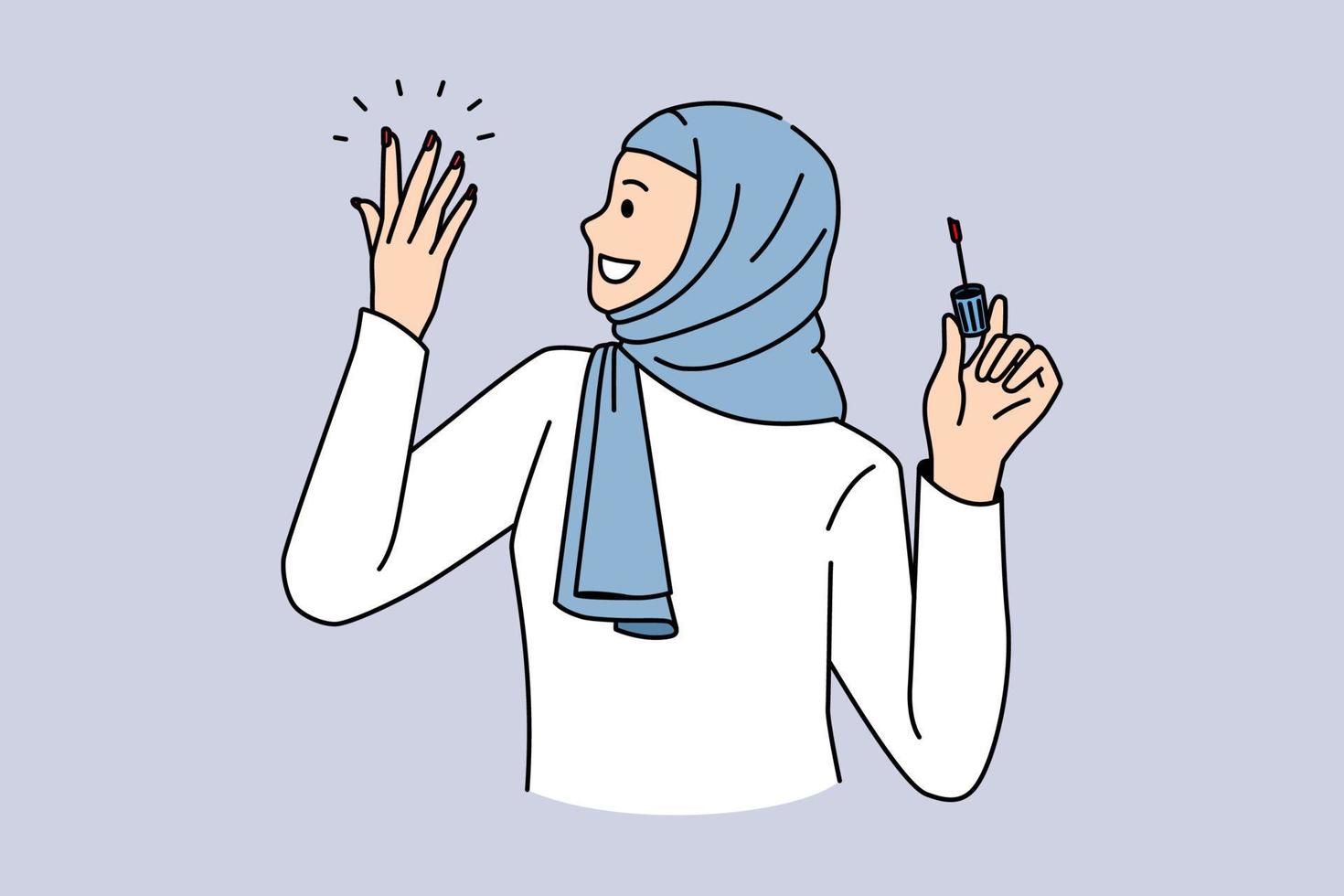 concept moderne de femmes arabes de l'islam. femme arabe positive souriante portant des vêtements traditionnels et des couvre-chefs peignant ses ongles avec une illustration vectorielle polonaise vecteur