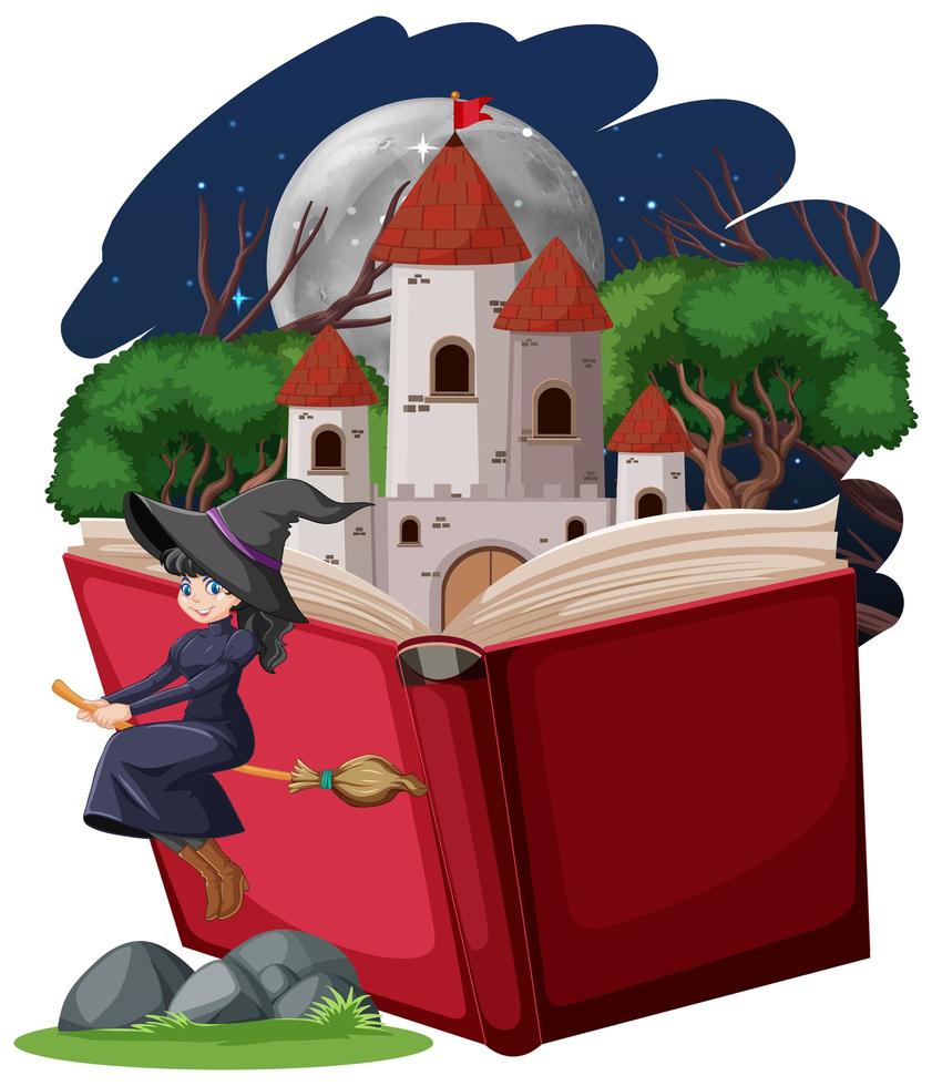 sorcière et tour du château avec livre pop-up vecteur