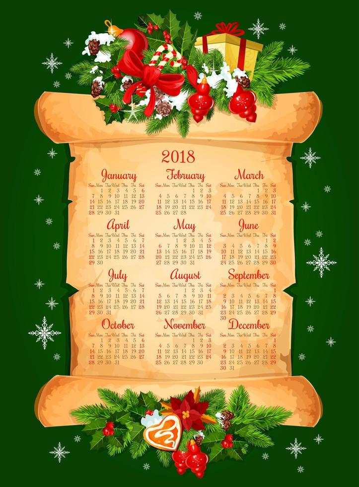 vacances de noël 2018 conception de vecteur de calendrier