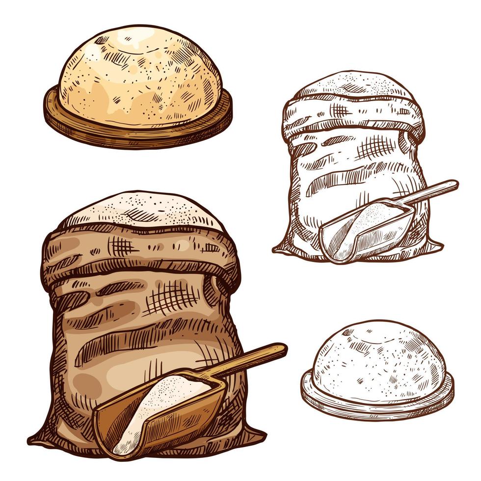 icônes de croquis de vecteur de sac de farine de cuisson et de pain