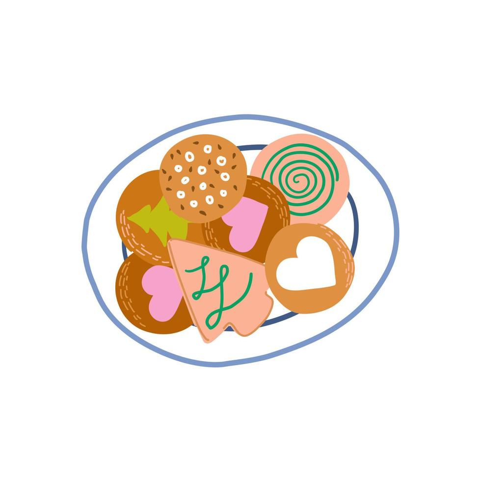 biscuits biscuits avec glaçage, graines et tourbillons sur la plaque. pâtisserie traditionnelle de noël. journée nationale des biscuits. illustration vectorielle dessinée à la main isolée sur blanc. vecteur