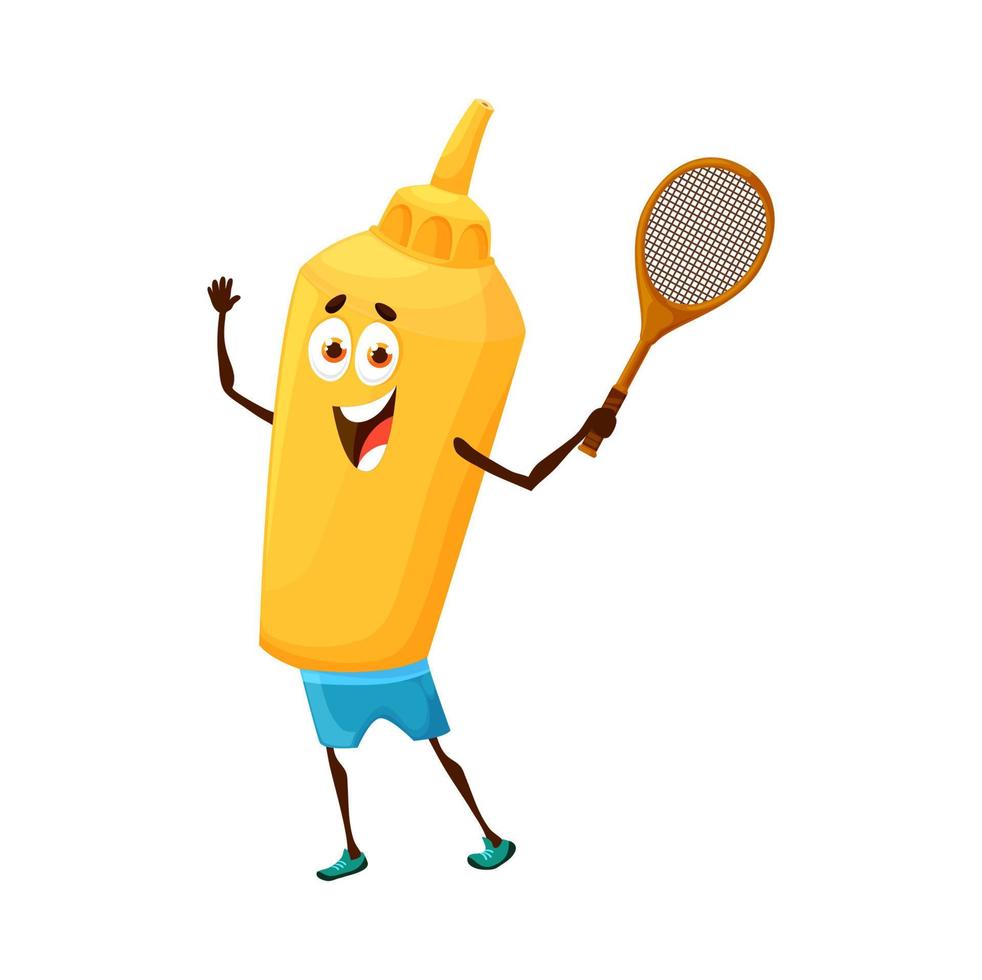 personnage de dessin animé de bouteille de moutarde jouant au badminton vecteur