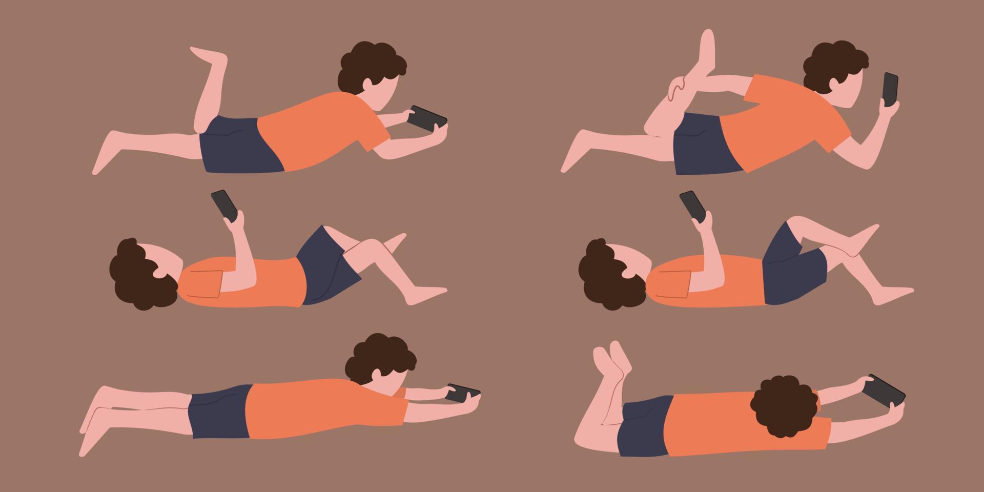 enfants utilisant un smartphone dans le concept de dépendance au smartphone avec diverses poses. conception plate. vecteur