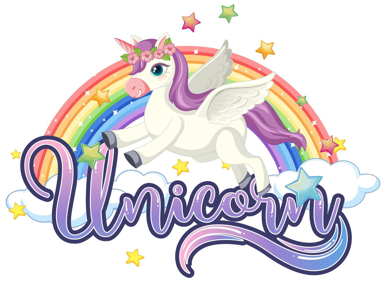 licorne mignonne avec signe de licorne et arc-en-ciel vecteur