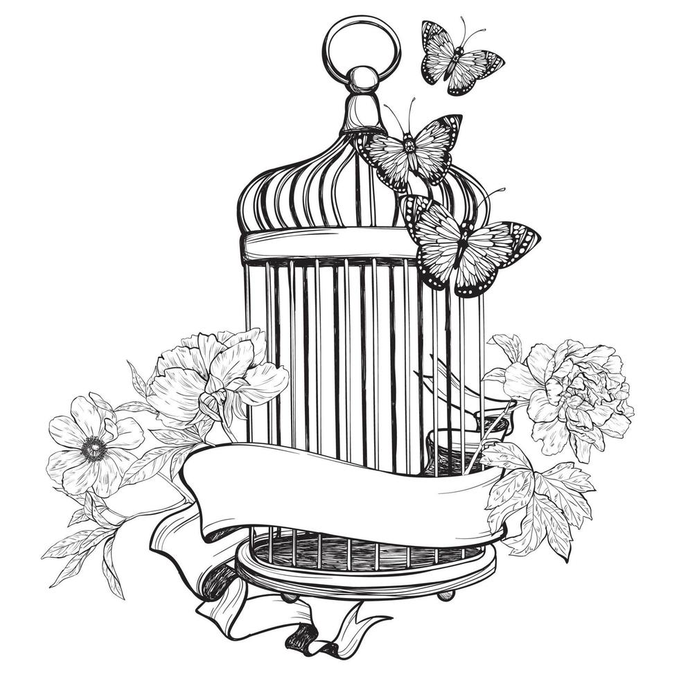 cage à oiseaux avec ruban, fleurs et papillon vecteur