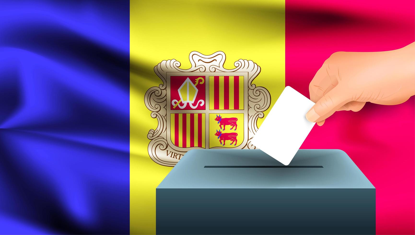 Main mettant le bulletin de vote dans l'urne avec le drapeau andorran vecteur